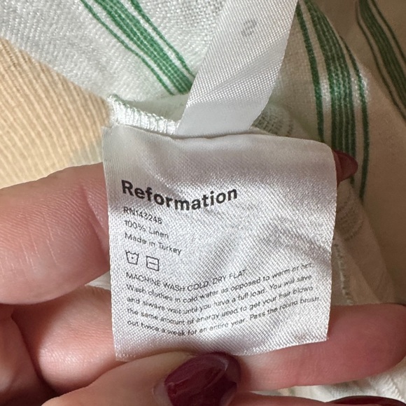 Reformation 100% linen Asymmetrical wrap Dress in Green and White Stripes - Picture 5 of 5